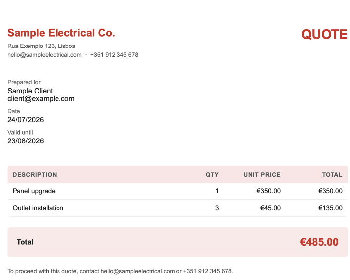 Sample QuoteGen PDF — branded quote with line items and total